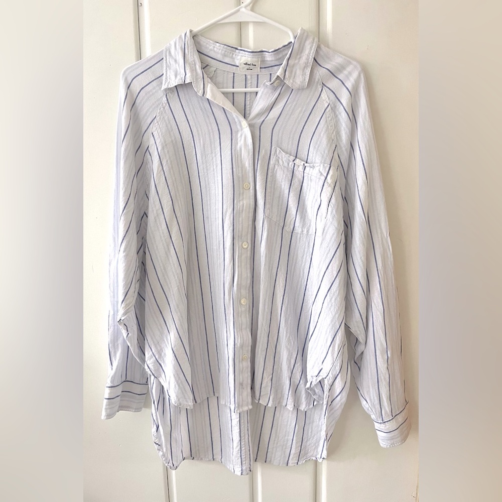 Wilfred White Button-Down Shirt with Blue Stripes